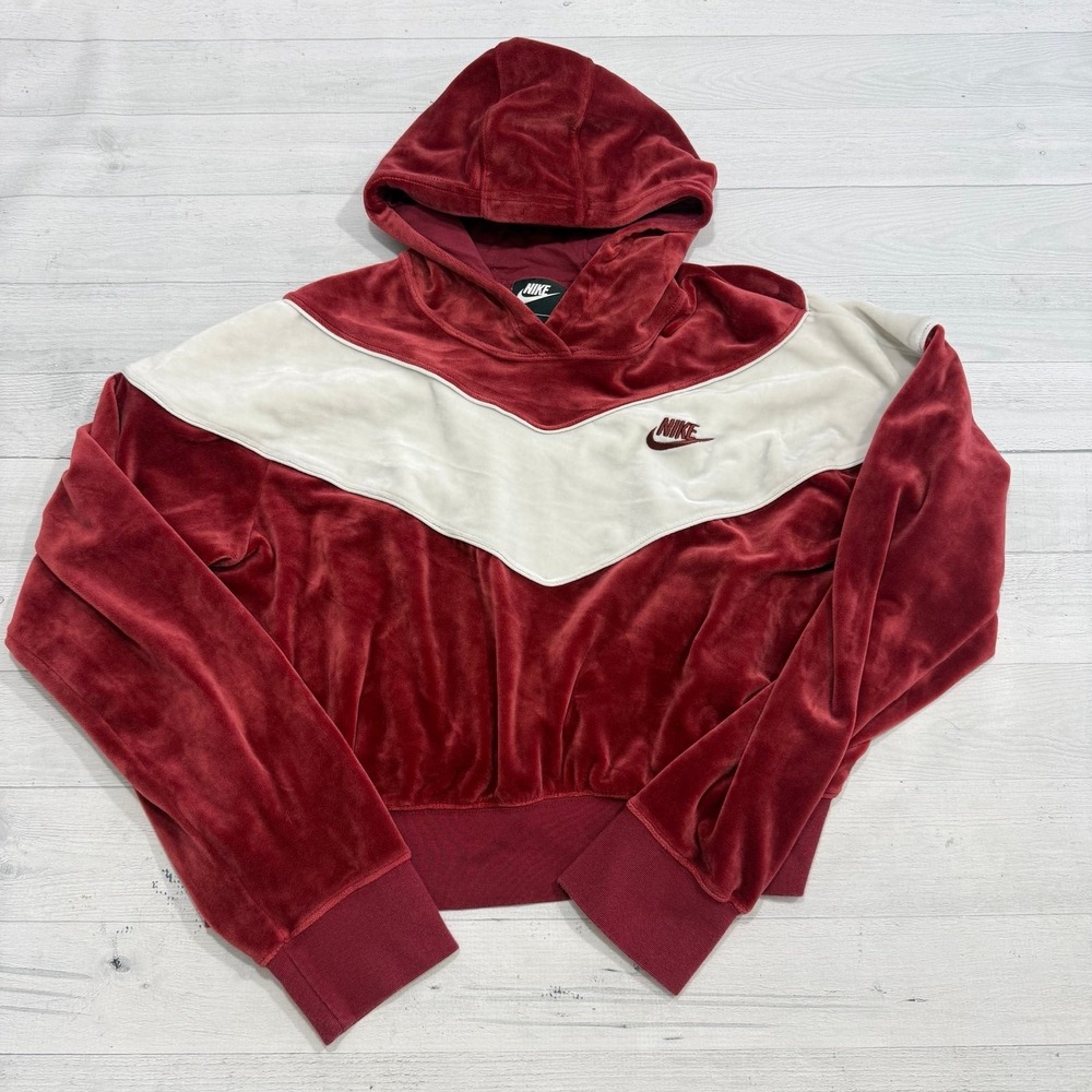 Nike Heritage Velour Hoodie‎ burgundy red cropped women's large